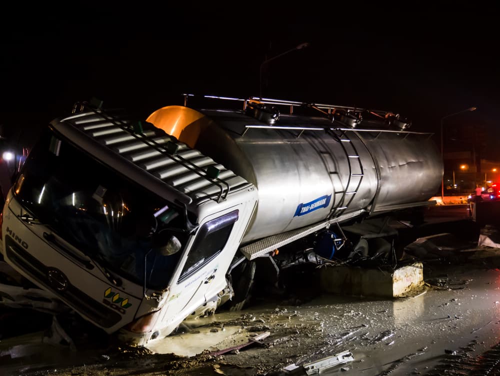 Overturned tanker truck following an accident