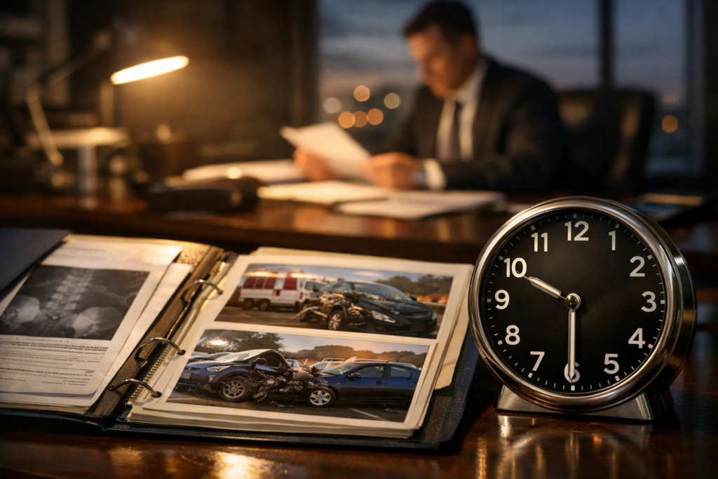 Lawyer reviewing documents with car accident case photos on a desk next to a clock.