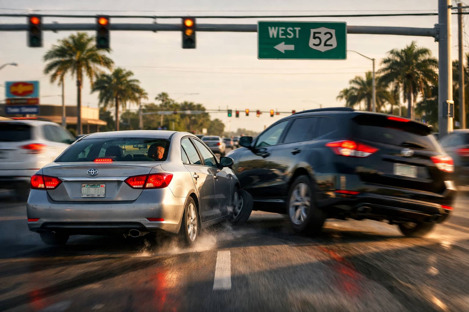 Aggressive driver cutting off another vehicle in traffic illustrating dangerous road rage behavior that can lead to serious car accidents in Florida