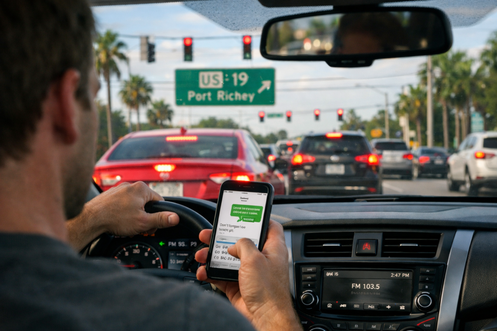 Driver texting on a smartphone while driving on a Florida highway near Port Richey as traffic suddenly slows ahead.