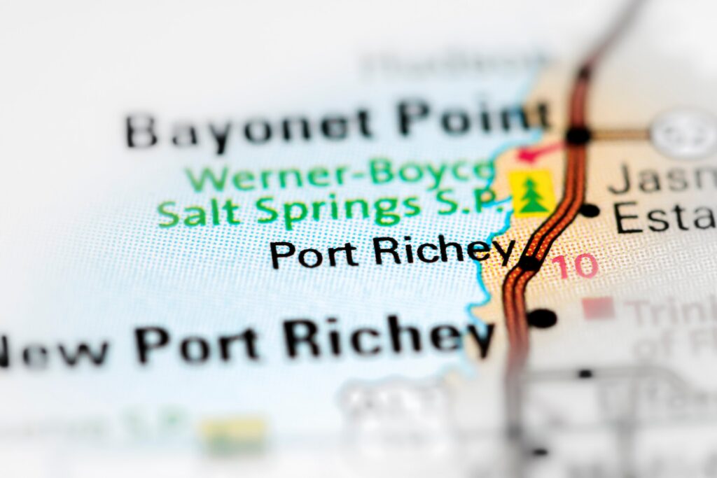 Florida map highlighting Port Richey service area for Port Richey Bus Accident Lawyers.