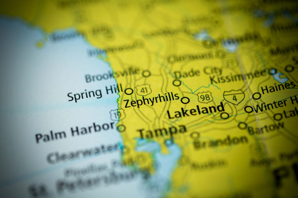 Map showing Zephyrhills, Florida, primary service region for Zephyrhills Truck Accident Lawyers.
