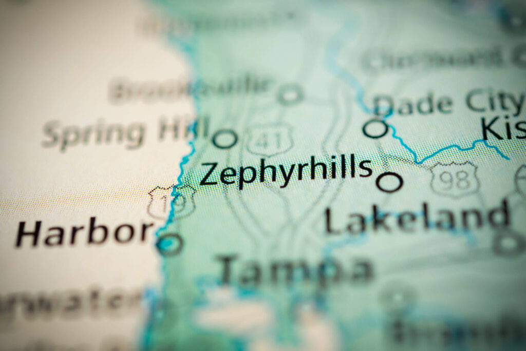 Map highlighting Zephyrhills, Florida, primary service area for Zephyrhills Wrongful Death Lawyers.